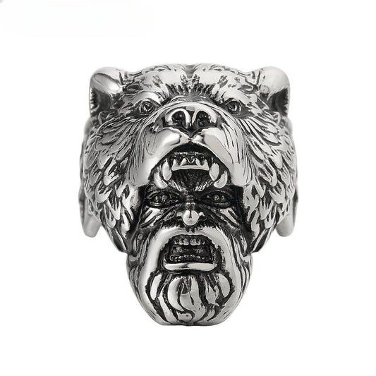 Vintage Punk Bear Head Wild Man Titanium Steel Ring for Men