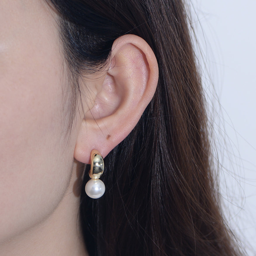 C Shaped Round Pearl Sterling Silver Drop Earrings