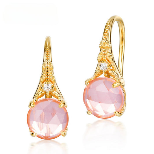 Luxury Round Shape Pink Crystal Silver Hook Earrings
