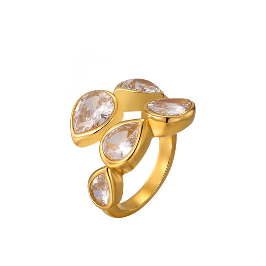 Stainless Steel Water Drop Zircon Embellishment Ring Elegant