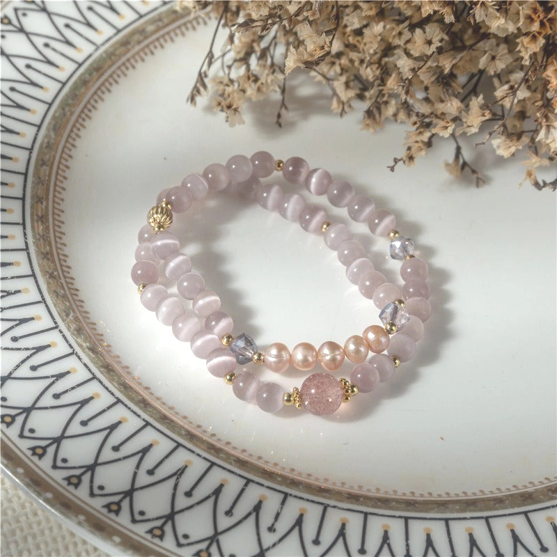 Strawberry Quartz Pearl Crystal Double-Wrap Bracelet