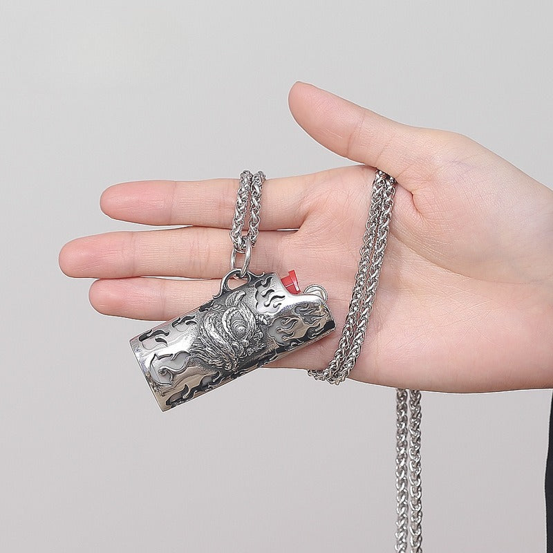 Steel Necklace – Statement Tiger and Lion Pattern Lighter Pendant For Men By Planderful Jewelry