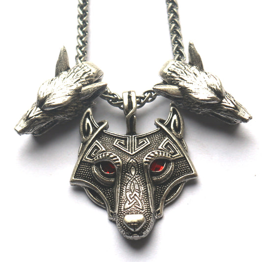 Viking Odin Wolf Head Necklace with Three Wolf Red Eye Alloy Pendant - Nordic Jewelry for Men