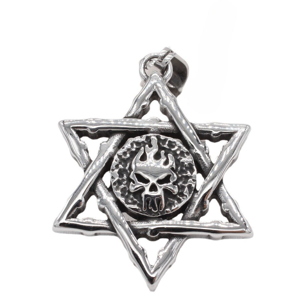 Powerful Planderful Retro Flame Skull Hexagram Titanium Steel Pendant Necklace Unisex Protection