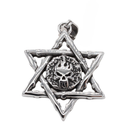 Powerful Planderful Retro Flame Skull Hexagram Titanium Steel Pendant Necklace Unisex Protection