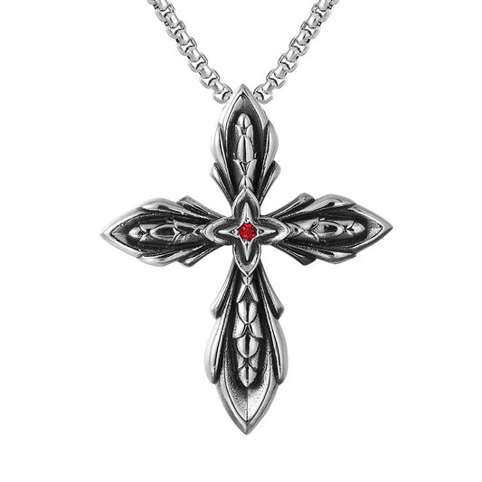 Cross Flower Red Zircon Titanium Steel Necklace for Men