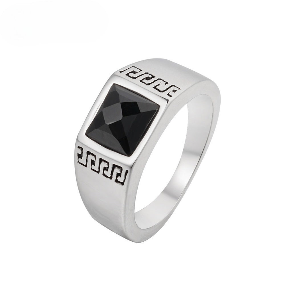 Planderful Titanium Steel Ring With Great Wall Pattern Black Stone Unisex Protection Statement For Men