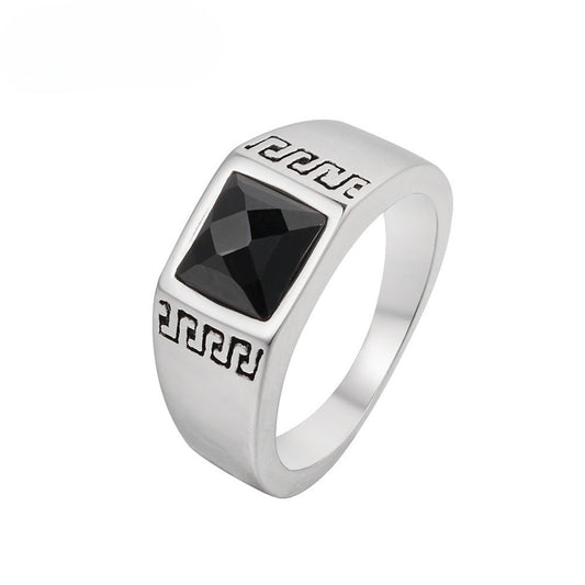 Planderful Titanium Steel Ring With Great Wall Pattern Black Stone Unisex Protection Statement For Men