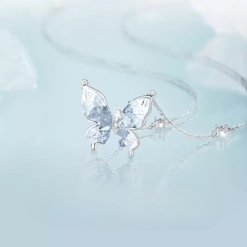 Planderful Sterling Silver Ice Butterfly Necklace For Women Zircon Pendant Collarbone Chain Gift For Girlfriend