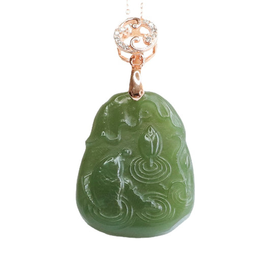 Hetian Jade Lotus Fish Pendant Sterling Silver Necklace from Planderful Fortune's Favor Collection