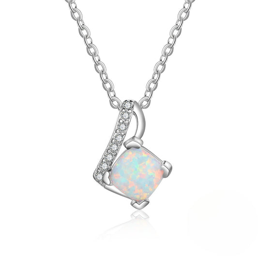 Heart Shape Four Prongs Square Opal Zircon Sterling Silver Necklace
