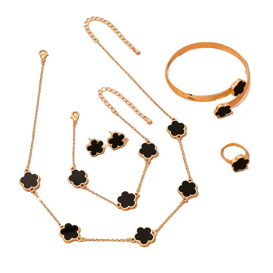 Clover Blossom Metal Jewelry Set with Necklace, Bracelet, and Earrings