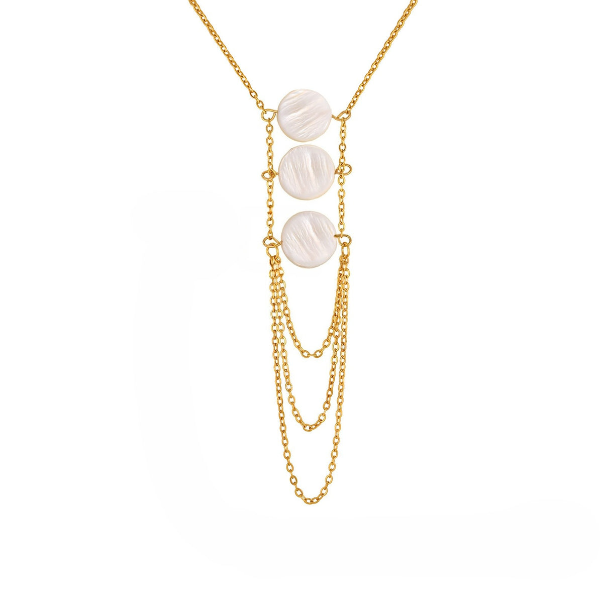 Stainless Steel Layered Geometric Flat Cross Chain Round Shell Piece Y-Shaped Necklace