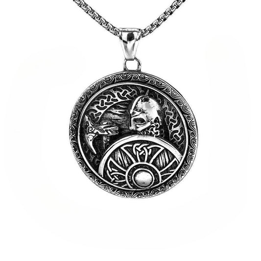Viking Pendant Necklace With Axe Shield Norse God Of War Round Retro Coin Style For Men Planderful