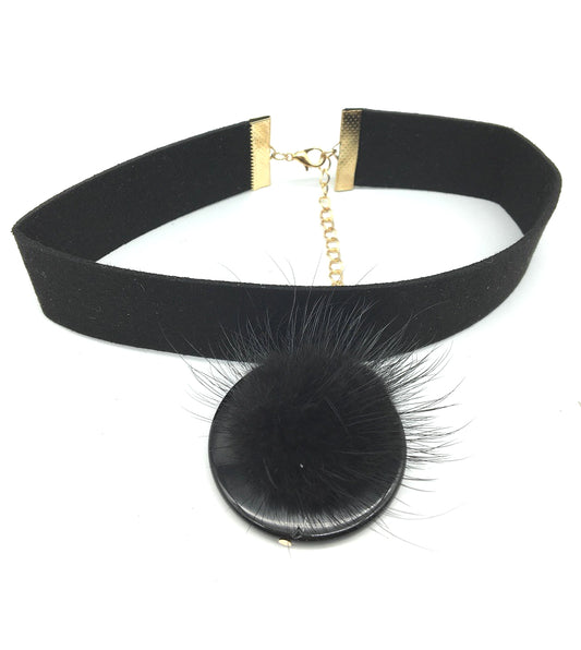 Exaggerated Leather Choker Necklace with Rabbit Hair Ball Pendant – Savanna Rhythms Collection