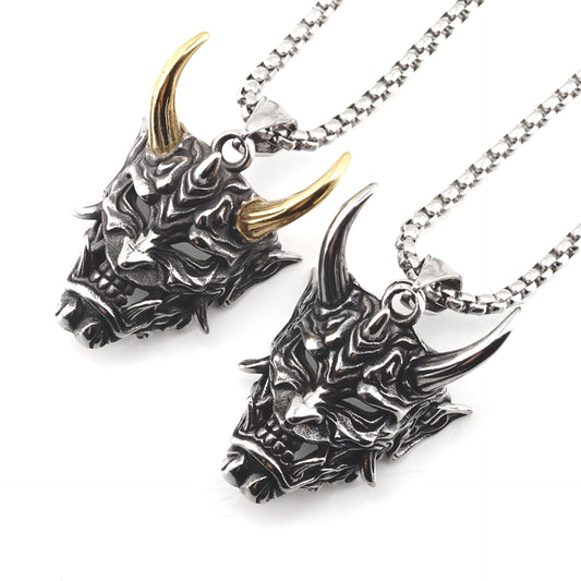 Planderful Prajna Necklace Golden Horn Ghost Mask Pendant For Men Bold Hip Hop Style Stainless Steel