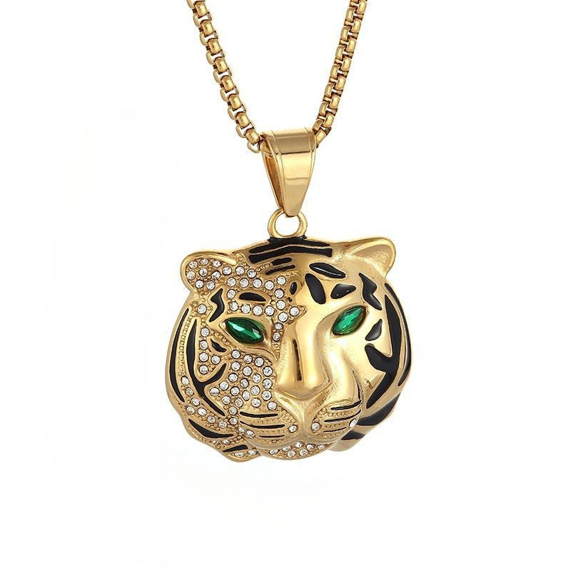 Planderful Titanium Gold Plated Hip Hop Jewelry Tiger Head Pendant Necklace For Modern Men