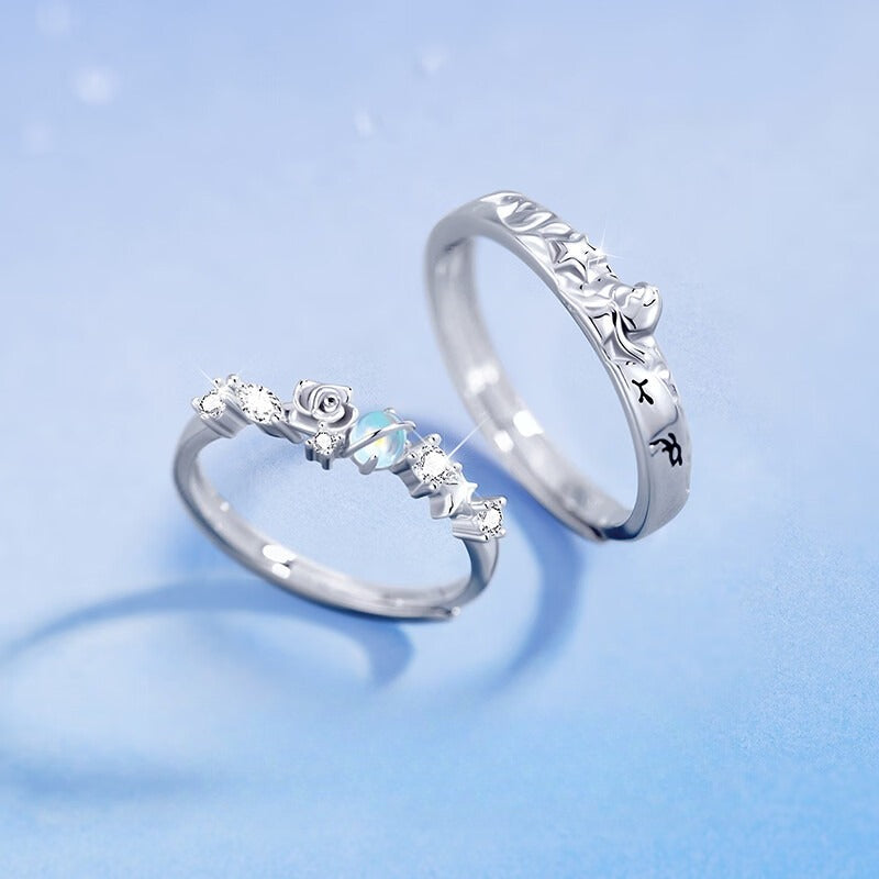 Planderful Sterling Silver Little Prince And Rose Unisex Couple Ring Adjustable Gift For Lovers