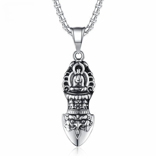 Steel Necklace - Vintage Vajra Pendant Ethnic Double-Headed Design For Everyday Wear