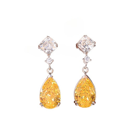 Yellow Pear Shape Zircon Silver Drop Earrings