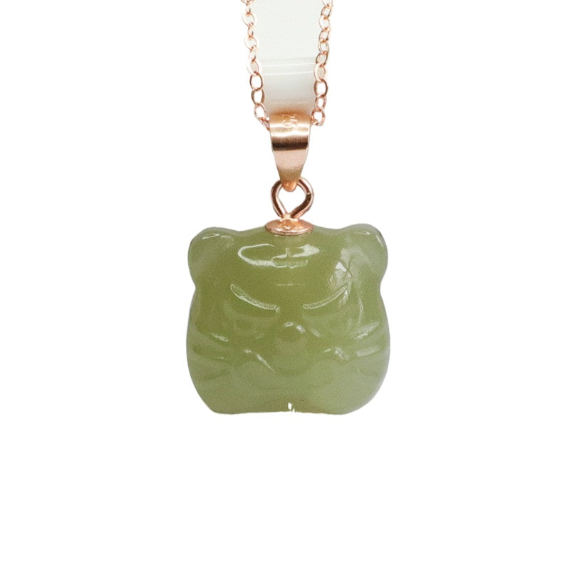 925 Sterling Silver Hetian Jade Tiger Head Pendant — No Chain