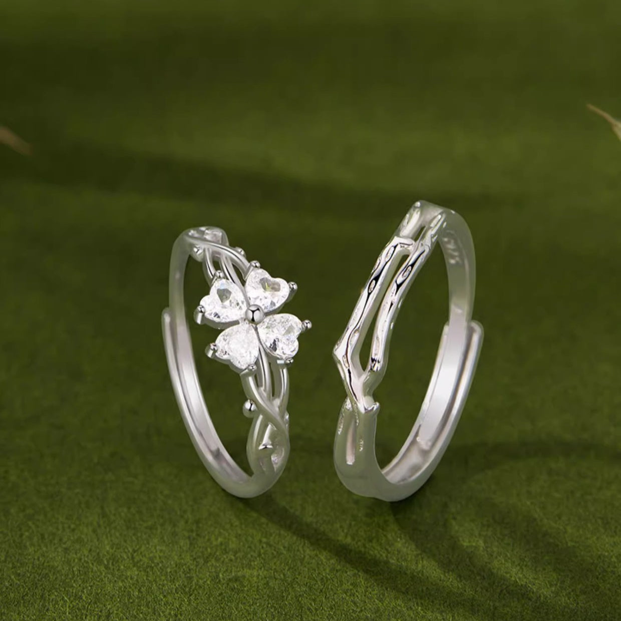 New 925 Sterling Silver Love Heart Four-Leaf Clover Ring