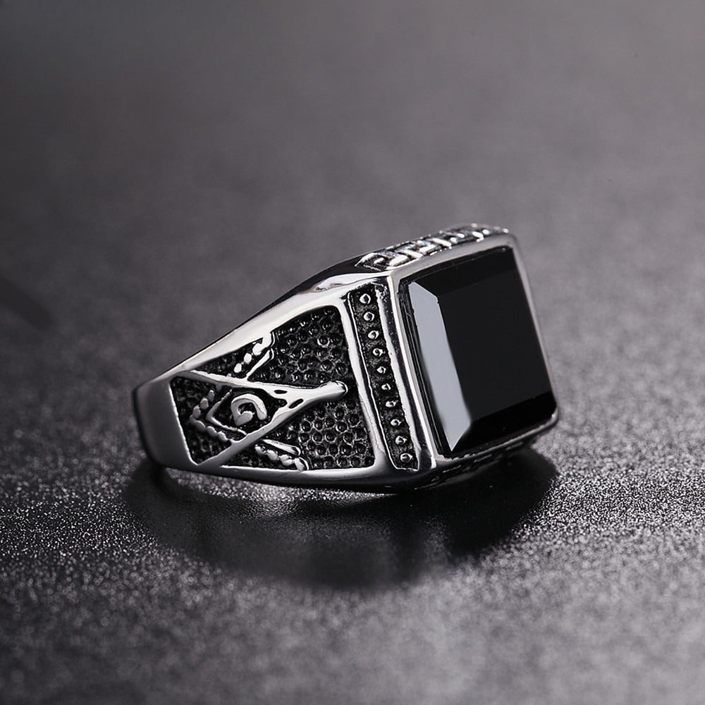 Planderful Freemasonry Titanium Steel Ring For Men Unisex Retro Black Stone Protection Statement