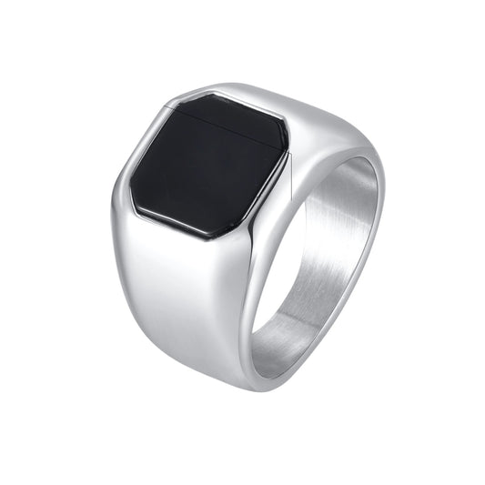 Stainless Steel Geometric Black Agate Ring – Unisex