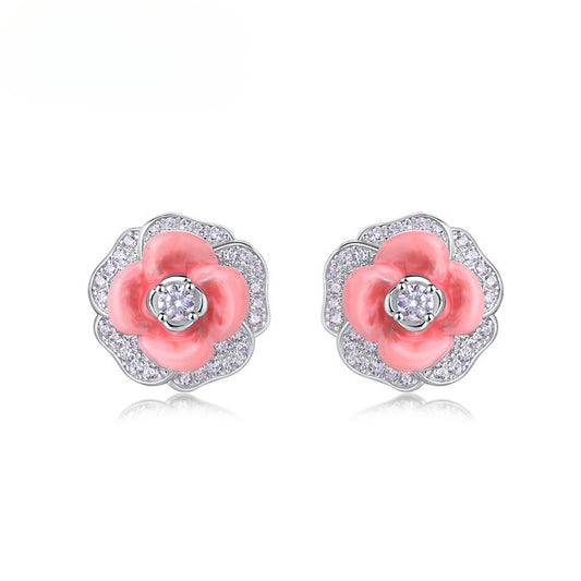 Zircon Red Camellia Flower Sterling Silver Stud Earrings