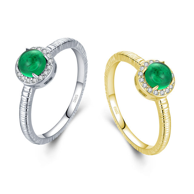 Green Agate Sterling Silver Gold Plated Ring - European/American Luxury Jewelry