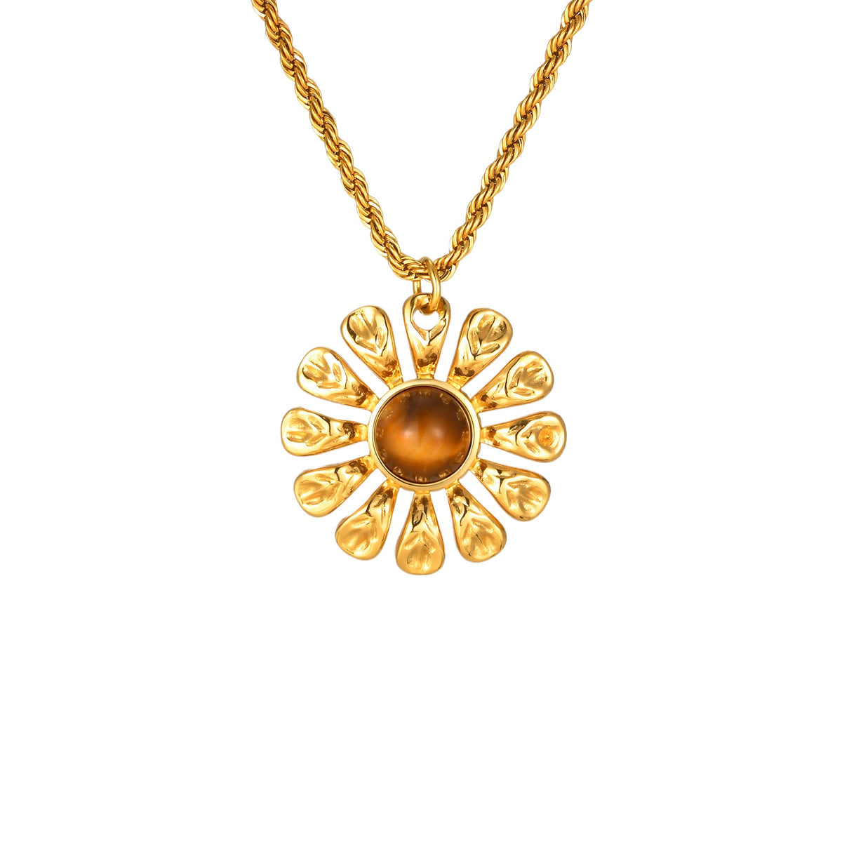 Stainless Steel French Flower Natural Tiger's Eye Necklace