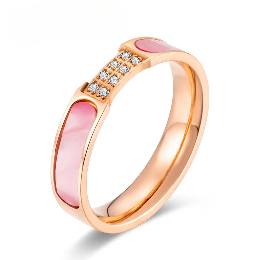 Korean Version of Temperament Muse Magazine Style Inlaid Pink Shell Women's Ring Rose Gold with Zircon Internet Celebrity Tail Ring