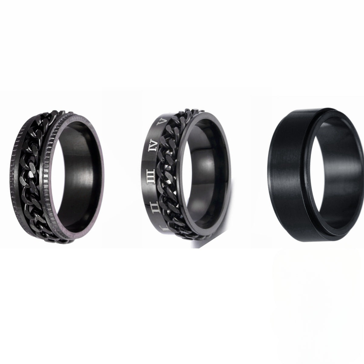 Rotating Titanium Steel Men's Ring Set with Hand Ornaments - Three-Piece Set