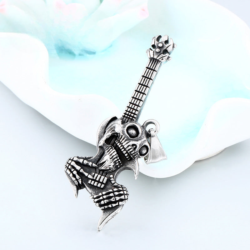 Titanium Steel Punk Skull Guitar Pendant for Men - Retro Trendy Accessory