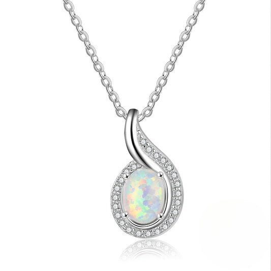 Oval Opal Droplet Zircon Sterling Silver Necklace