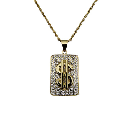 Zircon Necklace – Statement Hip Hop Gold Plated Steel Dollar Pendant With Chain For Everyday Style