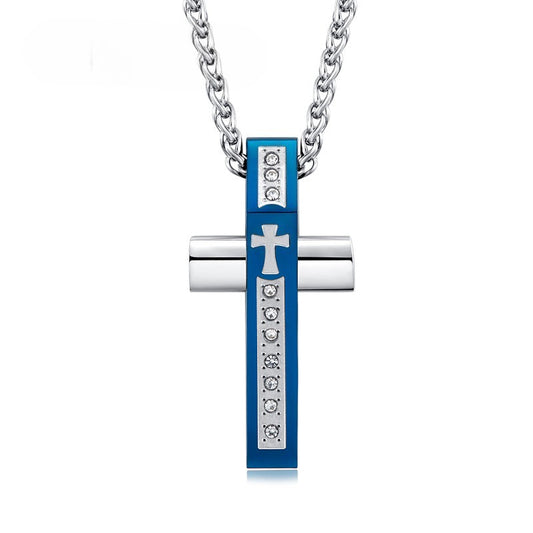 Planderful Stainless Steel Cross Pendant With Zircon Inlay Mens Necklace Unisex Protection Statement