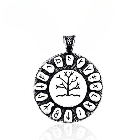 Titanium Steel Viking Rune Pendant Necklace for Men - Retro Tree of Life Design