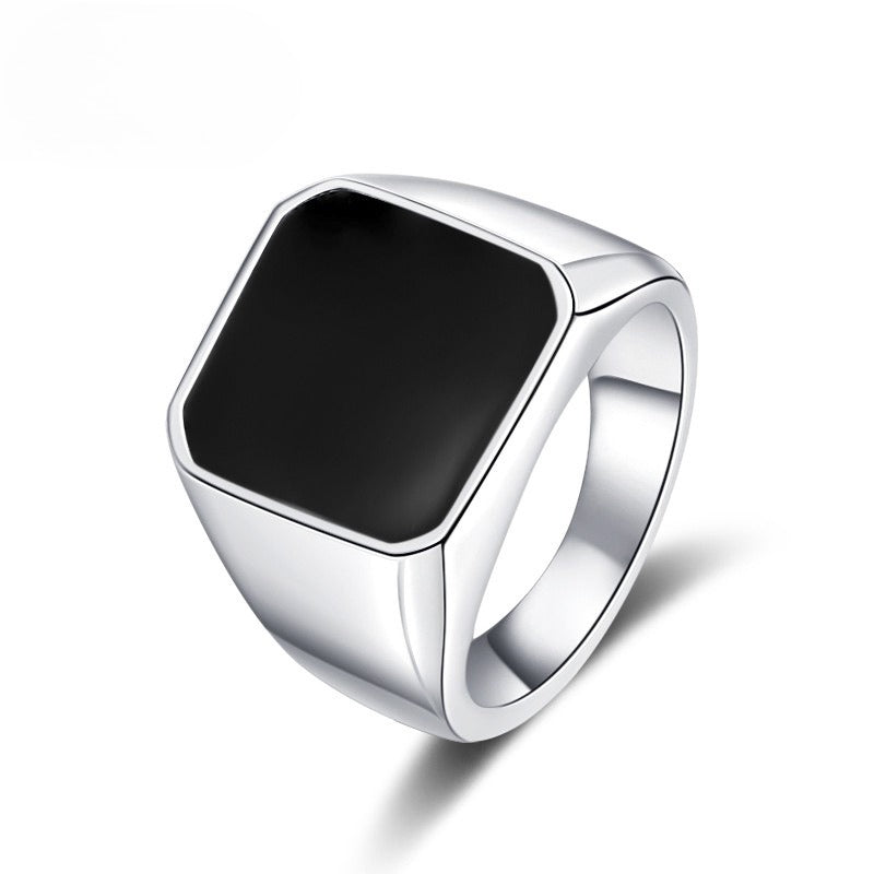 Stainless Steel Ring – Minimalist Black Epoxy Inlay Square Mens Ring For Everyday Wear