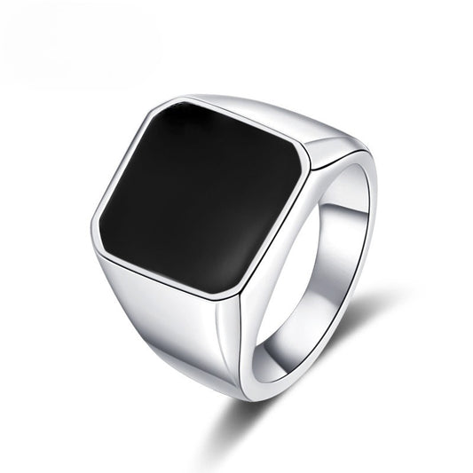 Stainless Steel Ring – Minimalist Black Epoxy Inlay Square Mens Ring For Everyday Wear