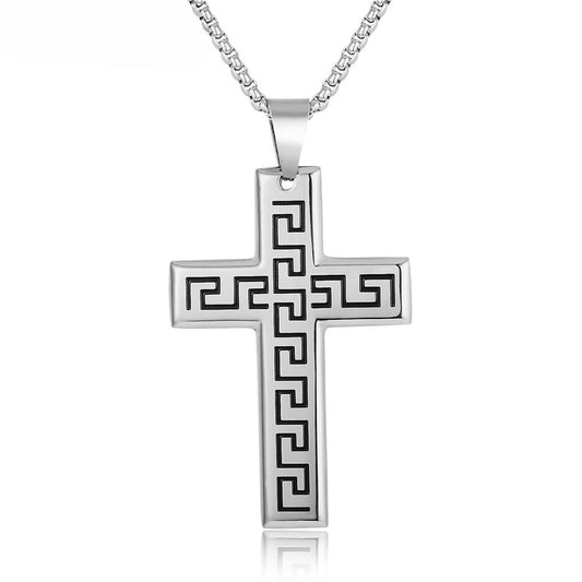 Great Wall Pattern Latin Cross Titanium Steel Necklace for Men