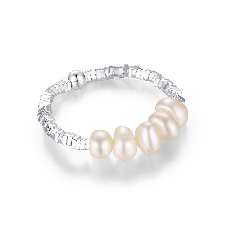 Elegant Adjustable Sterling Silver Ring with Natural Pearl and Zircon Embellishments