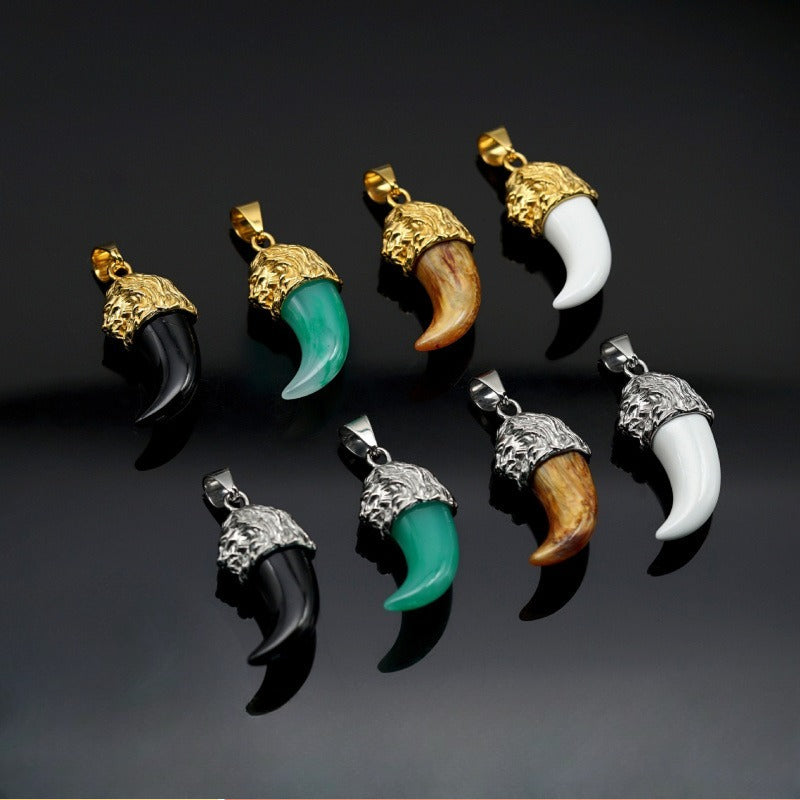 Planderful Lion Head Pendant Titanium Steel Gold Plated Wolf Fang Resin Unisex Hip Hop Statement Jewelry