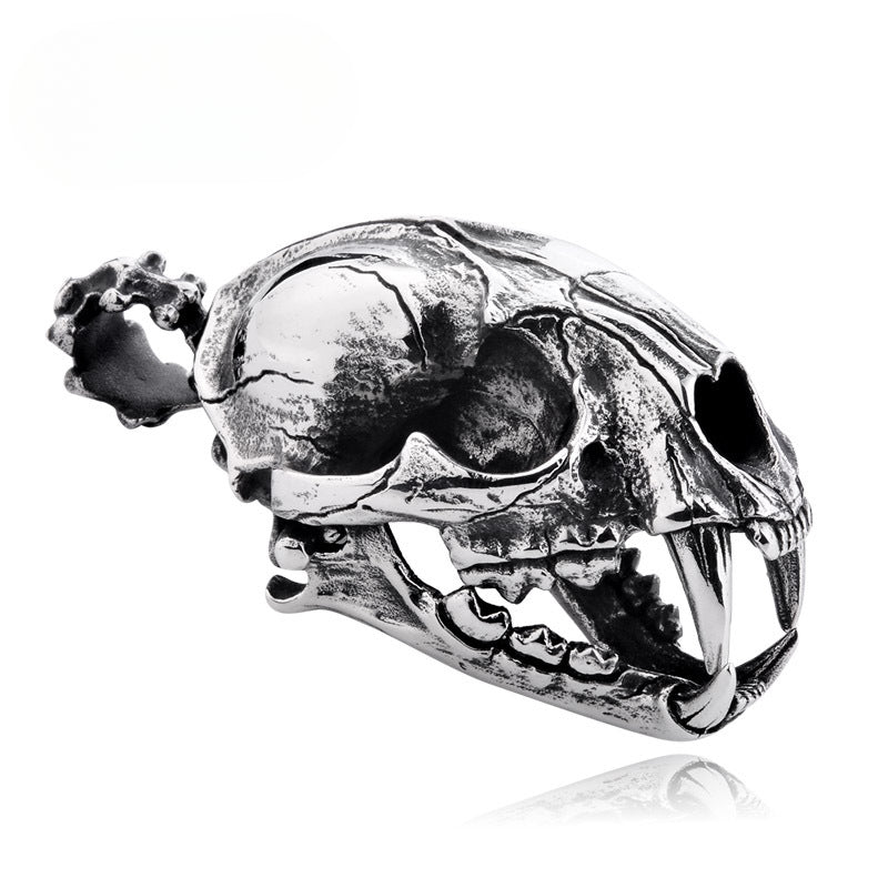 Titanium Steel Saber-Toothed Tiger Skull Pendant with Movable Teeth for Men