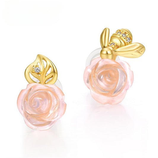 Pink Crystal Rose Bee and Leaf Zircon Silver Stud Earrings