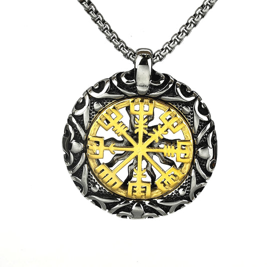 Retro Stainless Steel Men's Pendant Compass Sun Necklace