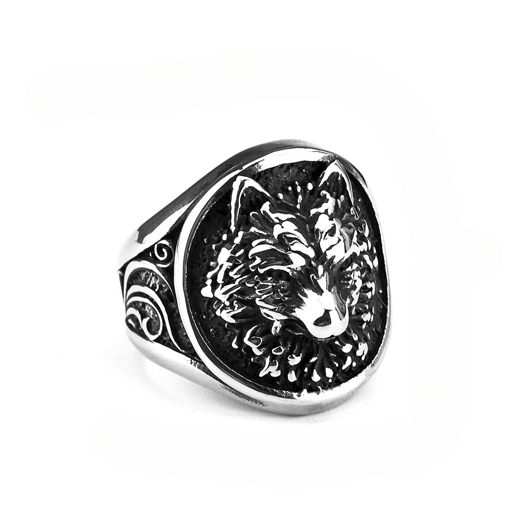 Titanium Steel Retro Viking Animal Wolf Head Ring for Men
