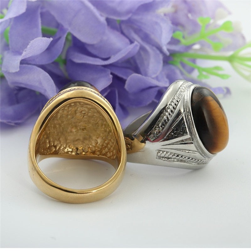 Planderful Everyday Genie Titanium Steel Brown Gemstone Ring For Men Unisex Retro Protection Statement Jewelry