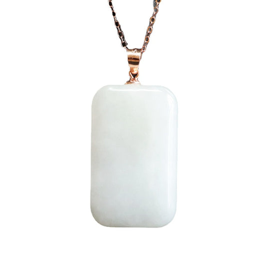 Smooth Rectangle White Hetian Jade Necklace with Sterling Silver Pendant