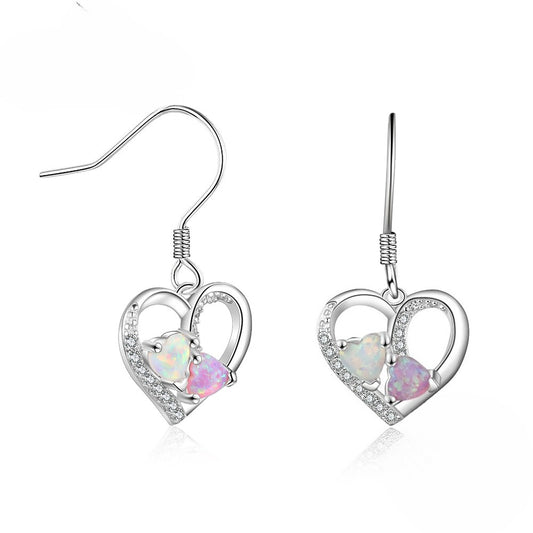 Planderful Jewelry Sterling Silver Opal Heart Earrings With Zircon Drops For Everyday Elegance